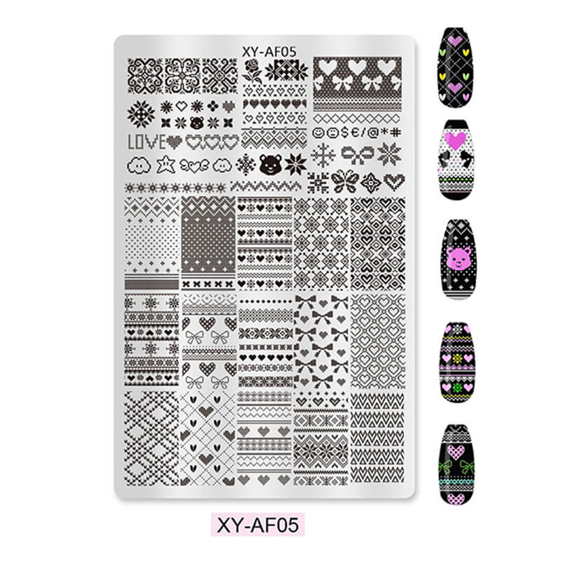 Steel nail stamping plate showing detailed butterfly, cartoon, lace, animal, plaid, and floral patterns for manicure