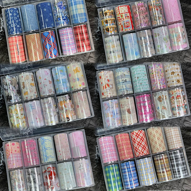 Trendy plaid denim and pink flower animal nail transfer foil for DIY nail design