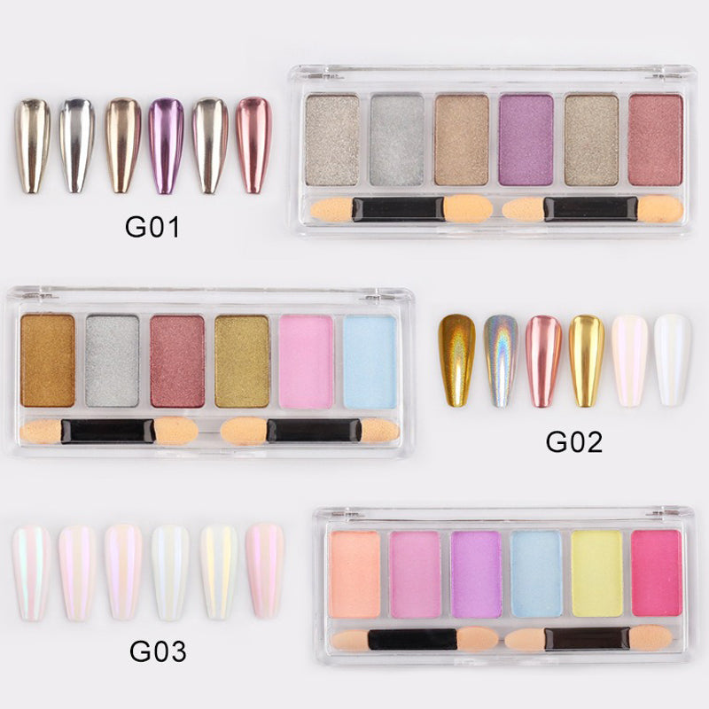 6 Grid Chrome Nail Powder Metallic Pigment Aurora Mirror Effect Nail Powder