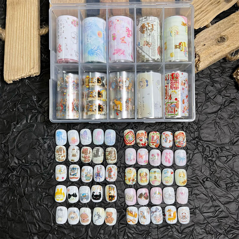 Adorable cartoon nail foil with bear and rabbit patterns for creative nail art