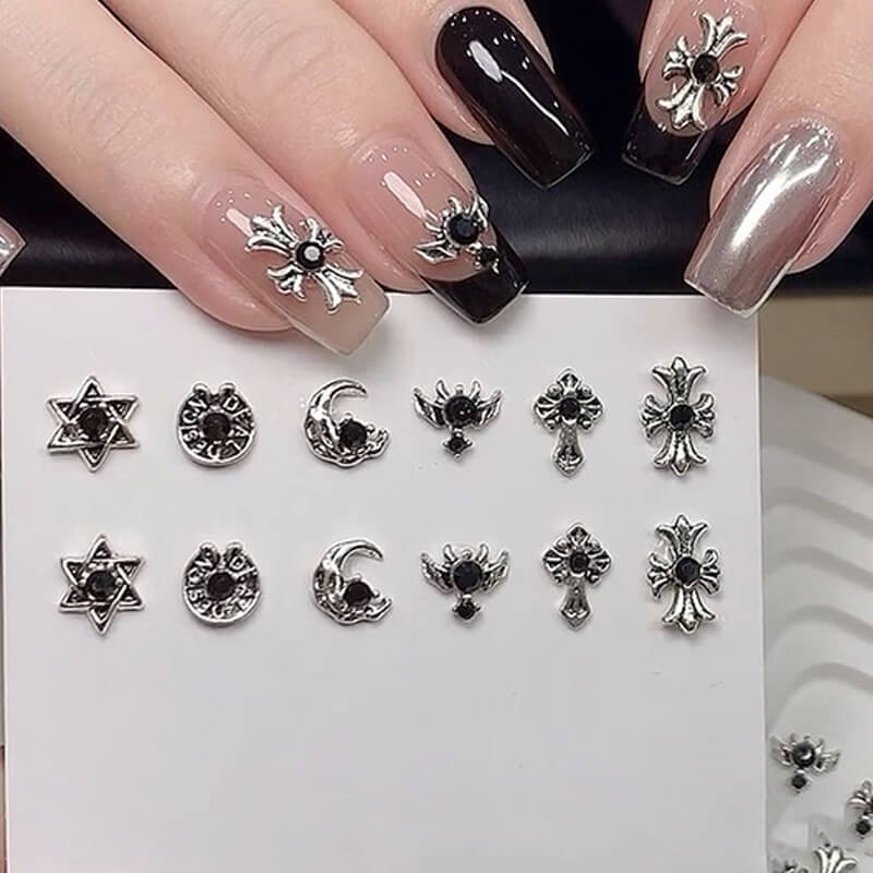 Punk black alloy nail charms with chrome heart and cross gothic metal studs