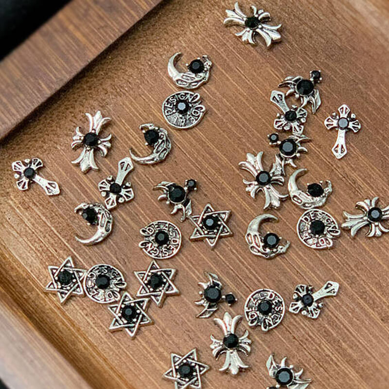 Punk black alloy nail charms with chrome heart and cross gothic metal studs