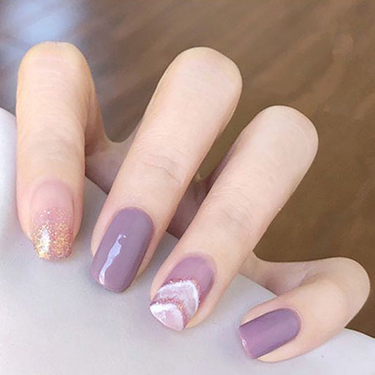 #121 Short Length Squoval Shape Purple Glitter Cute Press on Nail