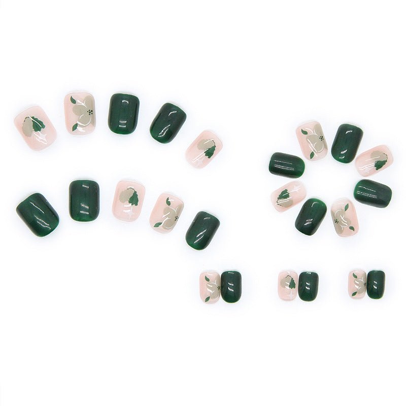 #109 Short Length Squoval Shape Green Cute Fake Nails - moepak123