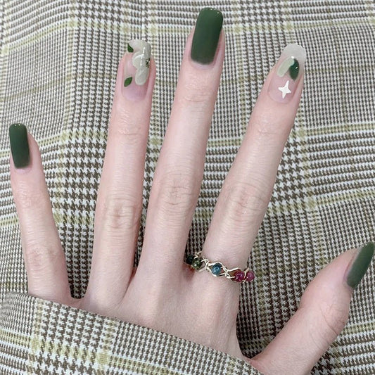 #109 Short Length Squoval Shape Green Cute Fake Nails - moepak123