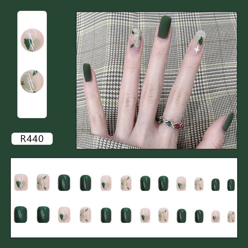 #109 Short Length Squoval Shape Green Cute Fake Nails - moepak123