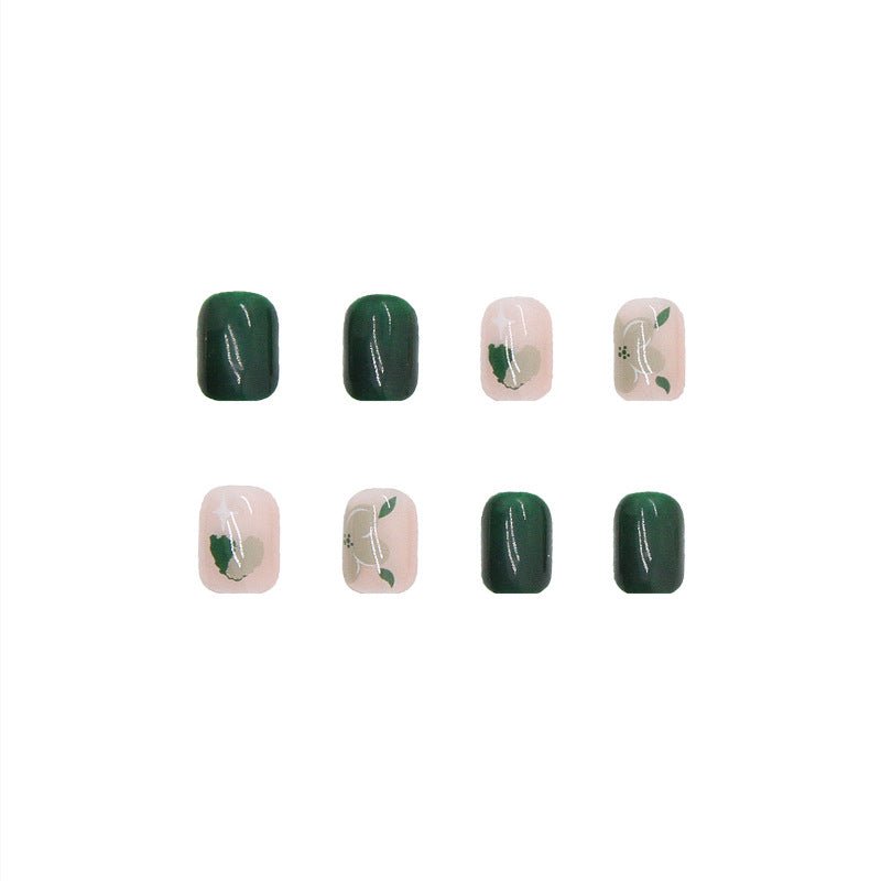 #109 Short Length Squoval Shape Green Cute Fake Nails - moepak123