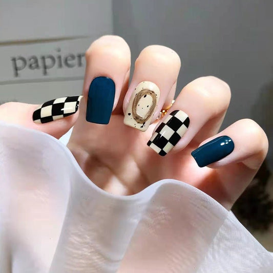 #110 Blue Chessboard Design Short Length Squoval Shape Fake Nails - moepak123