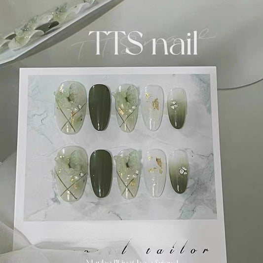 #93 10 Pcs Medium Length Oval Shape Green Fake Nail