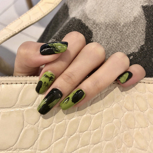 #8 Medium Length Square Shape Black Green Press on Nail