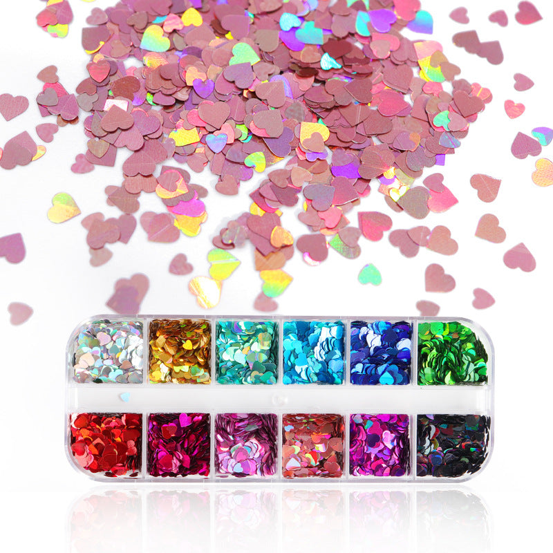 12 Grid Laser Heart Sequin Glitter Nail Ornament