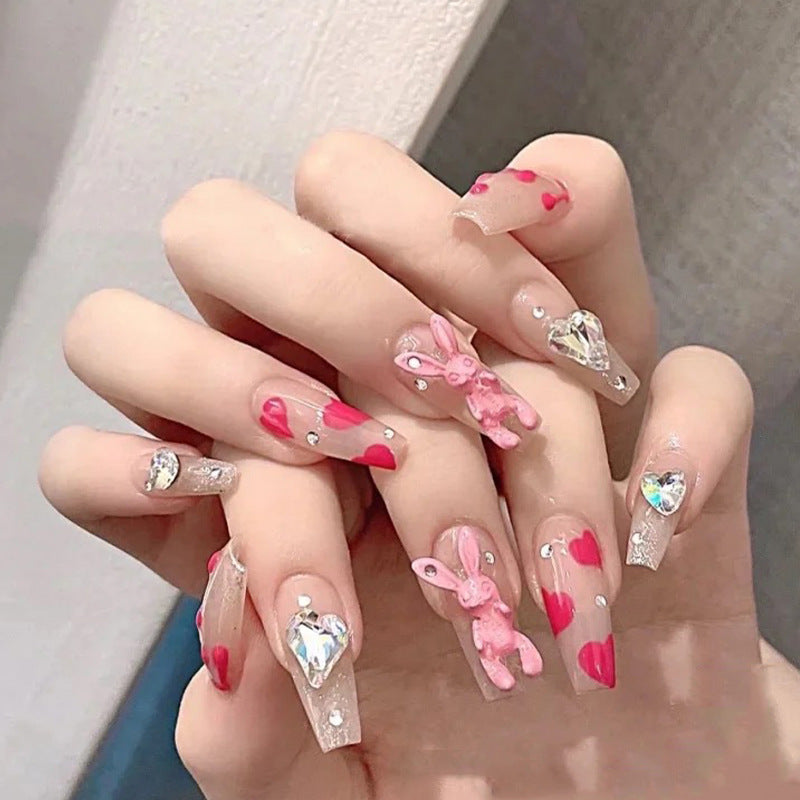 #140 Cute Rabbit Heart Rhinestone Pink Fake Nails Nail Tips