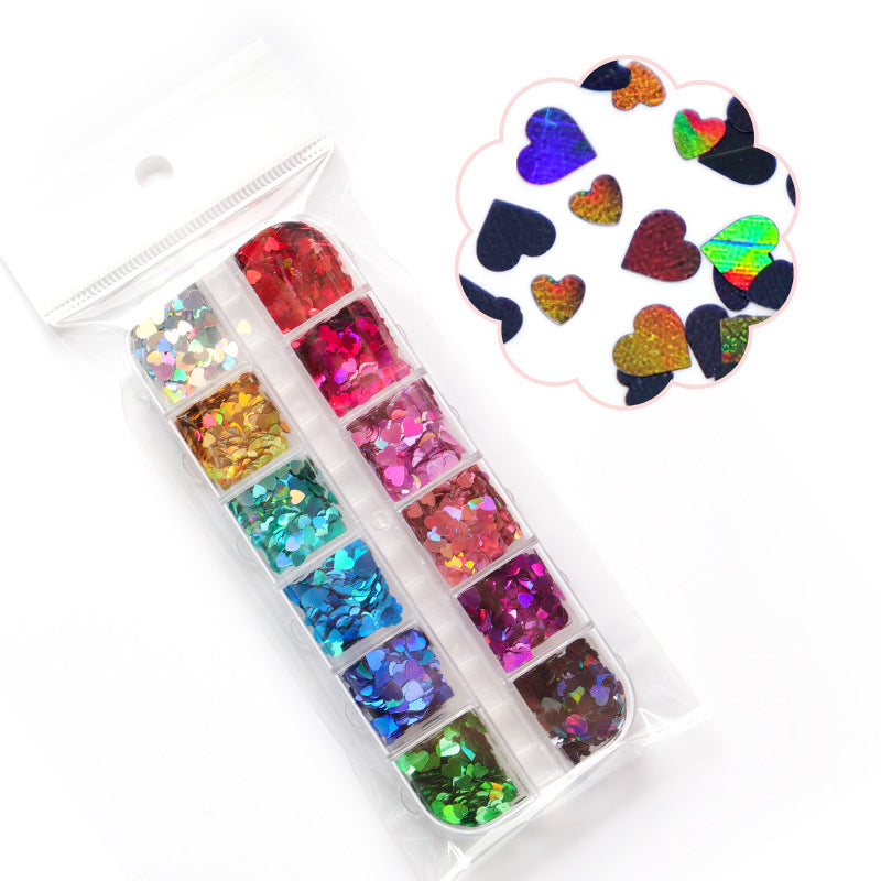 12 Grid Laser Heart Sequin Glitter Nail Ornament