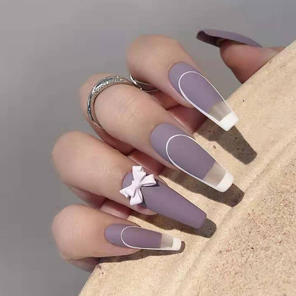 #31 French Style Purple Extra Length Artificial Nail Tips Cute Bowknot Press on Nail