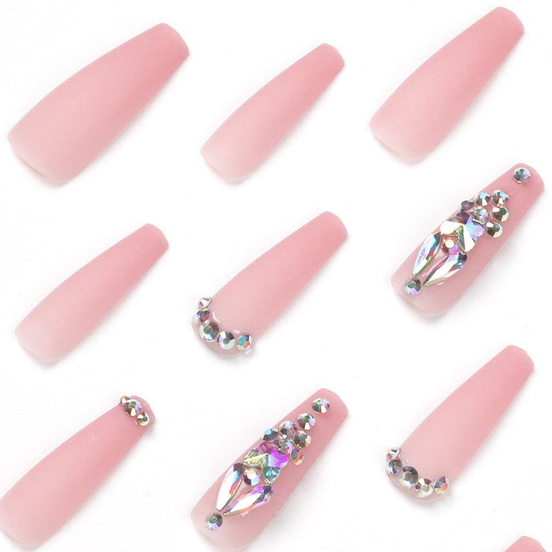 #56 Nude Pink Matte Artificial Nails Coloful Rhinestone Extra Length Ballerina Shape