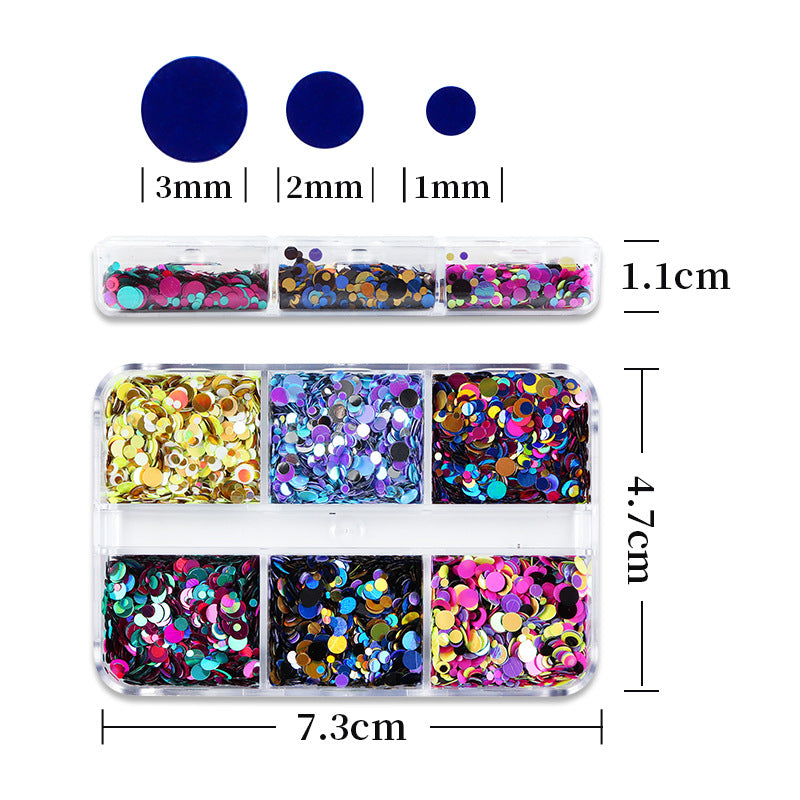 6 Grid Colorful Glitter Nail Art Sequins Round Shape for Nail Decals