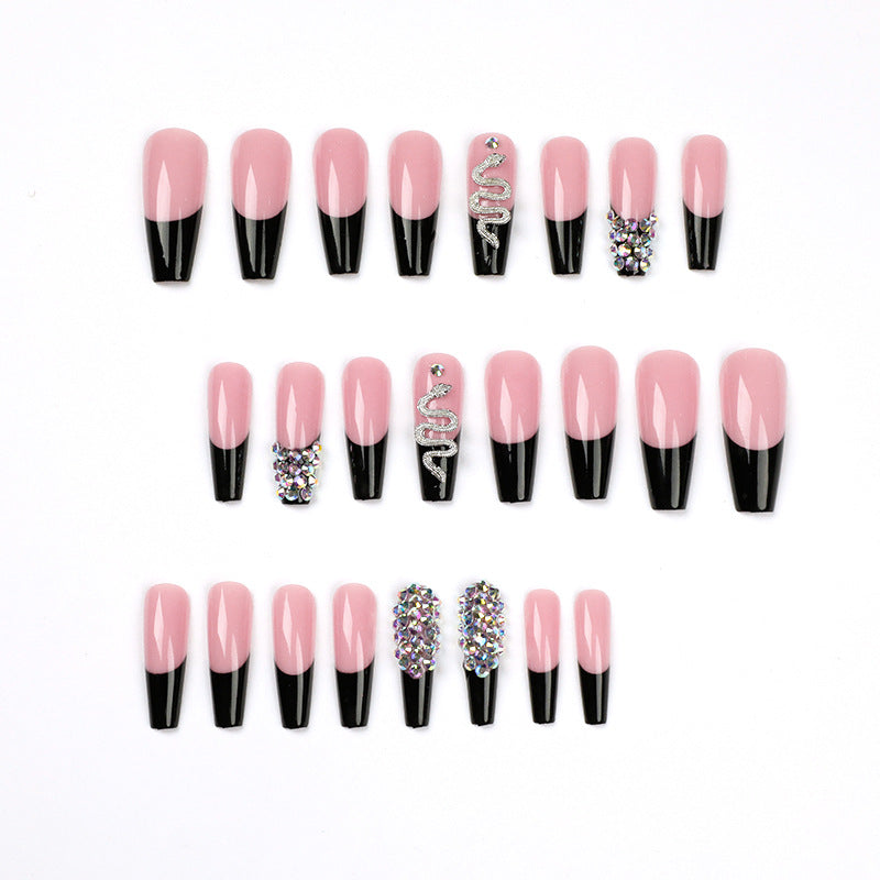 #28 Custom Cool Snake Rhinestone Extra Length Coffin Shape Nude Pink Artificial Nails