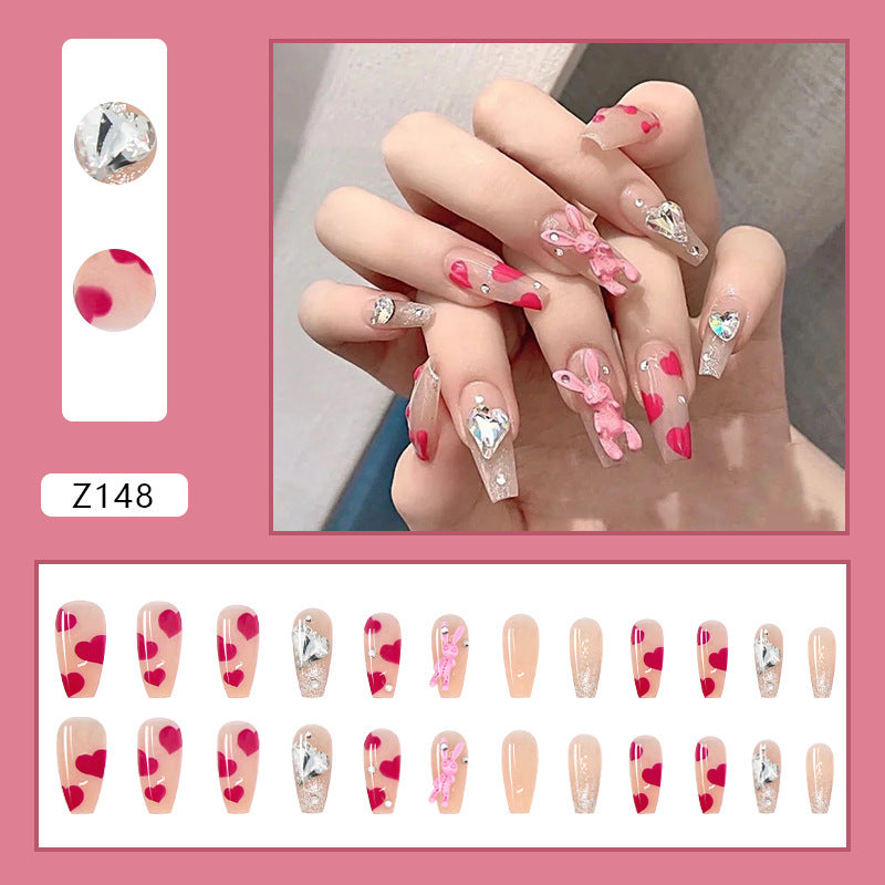 #140 Cute Rabbit Heart Rhinestone Pink Fake Nails Nail Tips