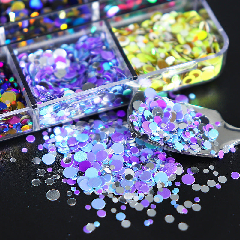 6 Grid Colorful Glitter Nail Art Sequins Round Shape for Nail Decals