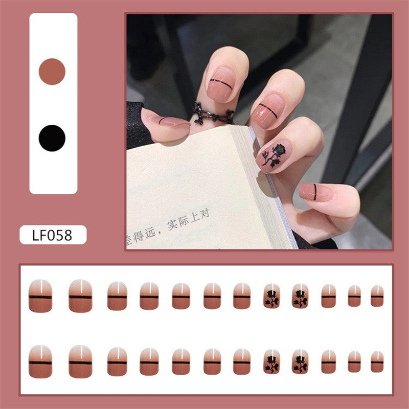 #142 Rose Liner Press on Nail Short Length Squvoal Shape Pink Fake Nails