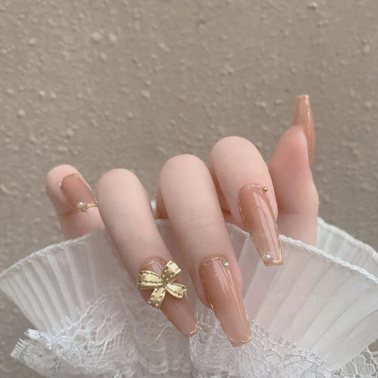 #137 Pink Extra Length Press on Nail Ballerina Shape Cute Bowknot Nail Tips