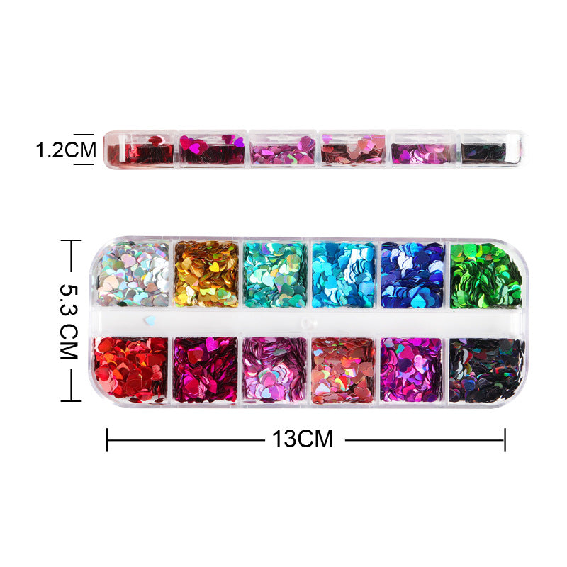 12 Grid Laser Heart Sequin Glitter Nail Ornament