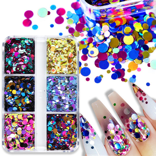 6 Grid Colorful Glitter Nail Art Sequins Round Shape for Nail Decals