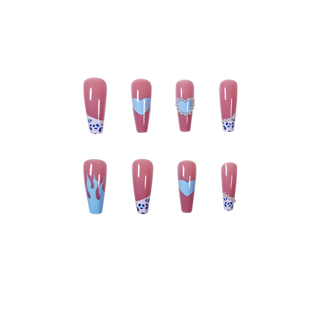 #73 Blue Flame Cute Extra Length Cow Heart Press on Nail Fake Nails