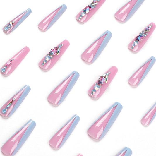 #64 French Nude Pink Blue Rhinestone Extra Length Coffin Shape Artificial Nails