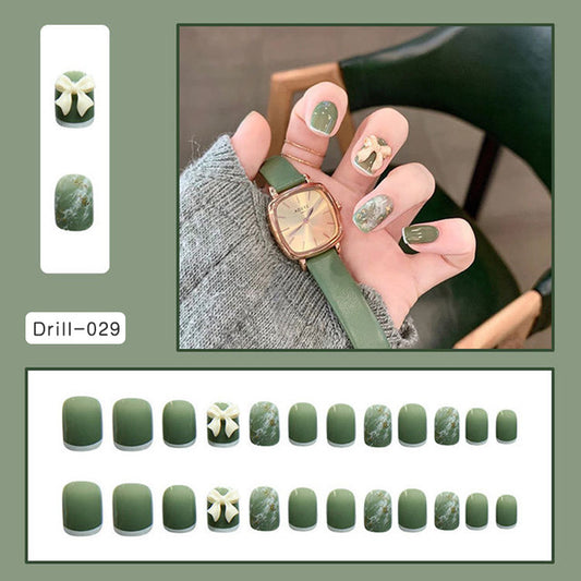 #124 Short Length Squovall Shape Green Bowknot Press on Nail