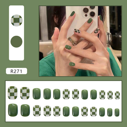 #122 Short Length Squoval Shape Green Chessboard Fresh Fake Nail