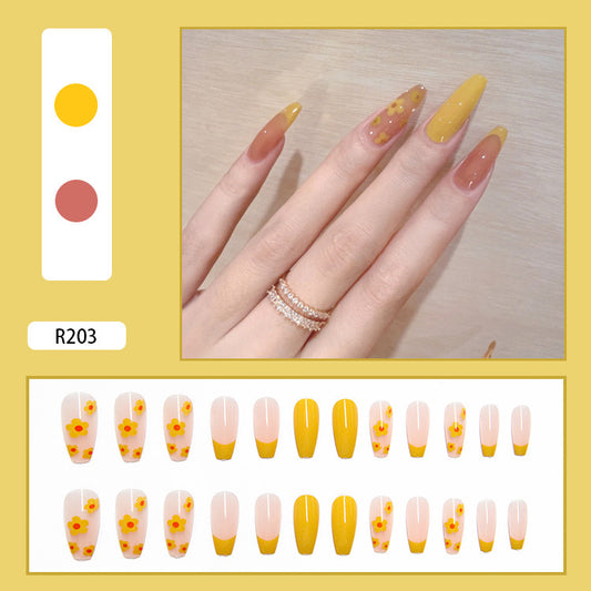 #74 Extra Length Ballerina Shape Yellow Flower Press on Nail