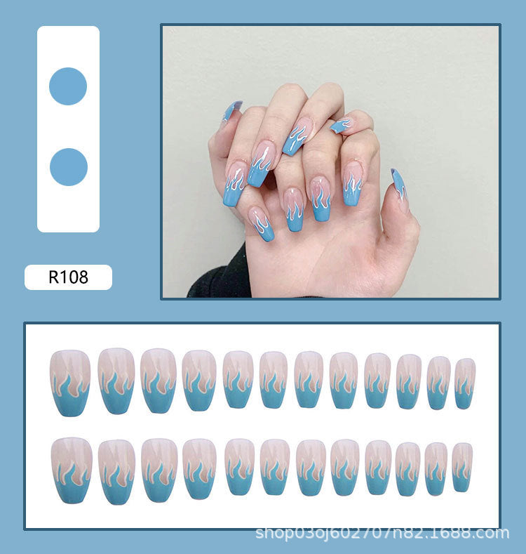 #93 Medium Length Ballerina Shape Blue Flame Cute Fake Nail