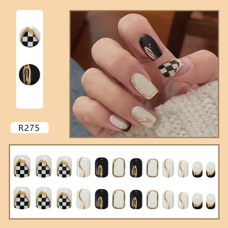 #119 Short Length Squoval Shape Black Chessboard Press on Nail